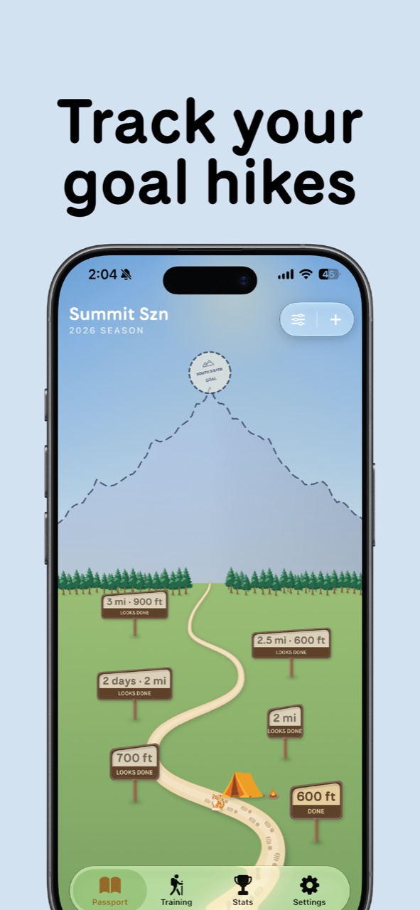 Track your goal hikes. The passport scene: a goal hike on the summit, milestone signs along a trail, a tent and a buddy where the boot prints end.