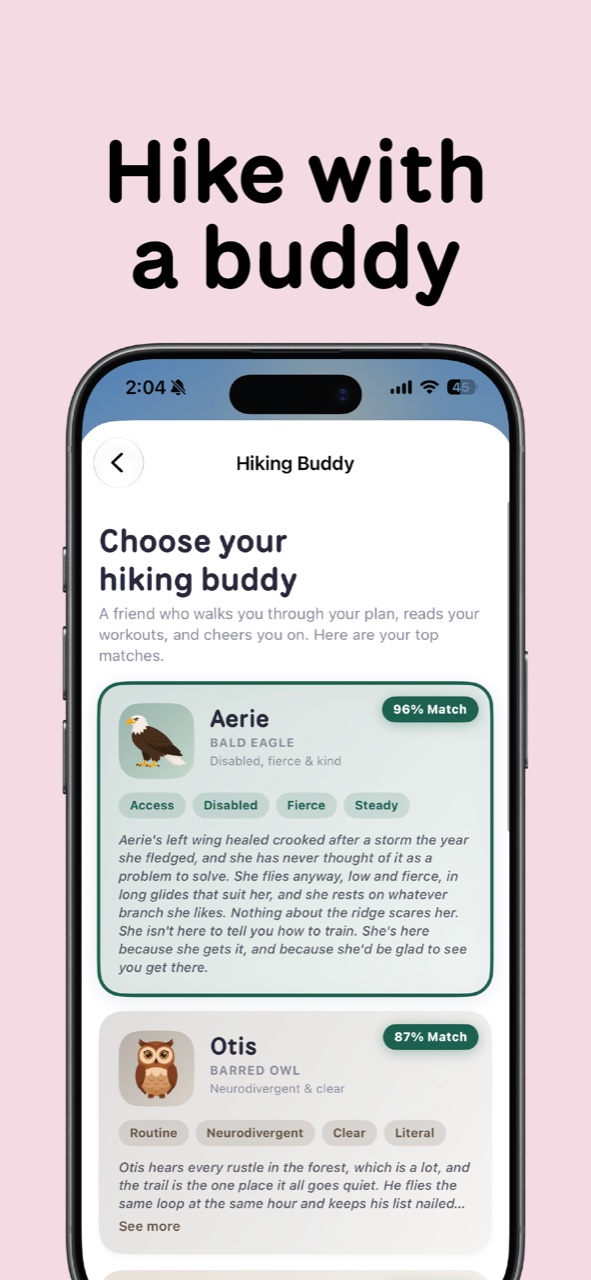 Hike with a buddy. Choosing a hiking buddy, with Aerie the bald eagle at a ninety six percent match and her story underneath.