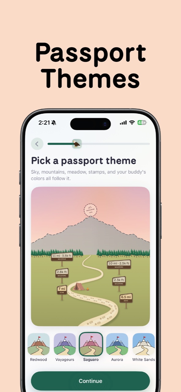 Passport themes. Picking a theme, with the whole scene recoloured and a row of park themes underneath.