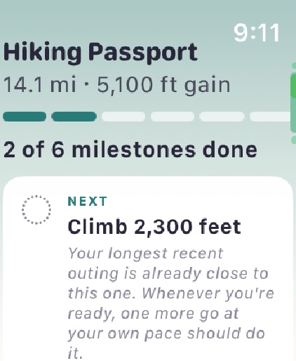 The plan on the watch: fourteen miles and 5,100 feet of gain, two of six milestones done, and the next one is to climb 2,300 feet.