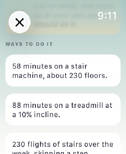 Ways to do it: fifty eight minutes on a stair machine, eighty eight minutes on a treadmill at a ten percent incline, or 230 flights of stairs over the week.