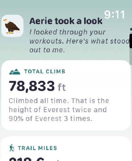 Aerie took a look: total climb of 78,833 feet, described as the height of Everest twice.